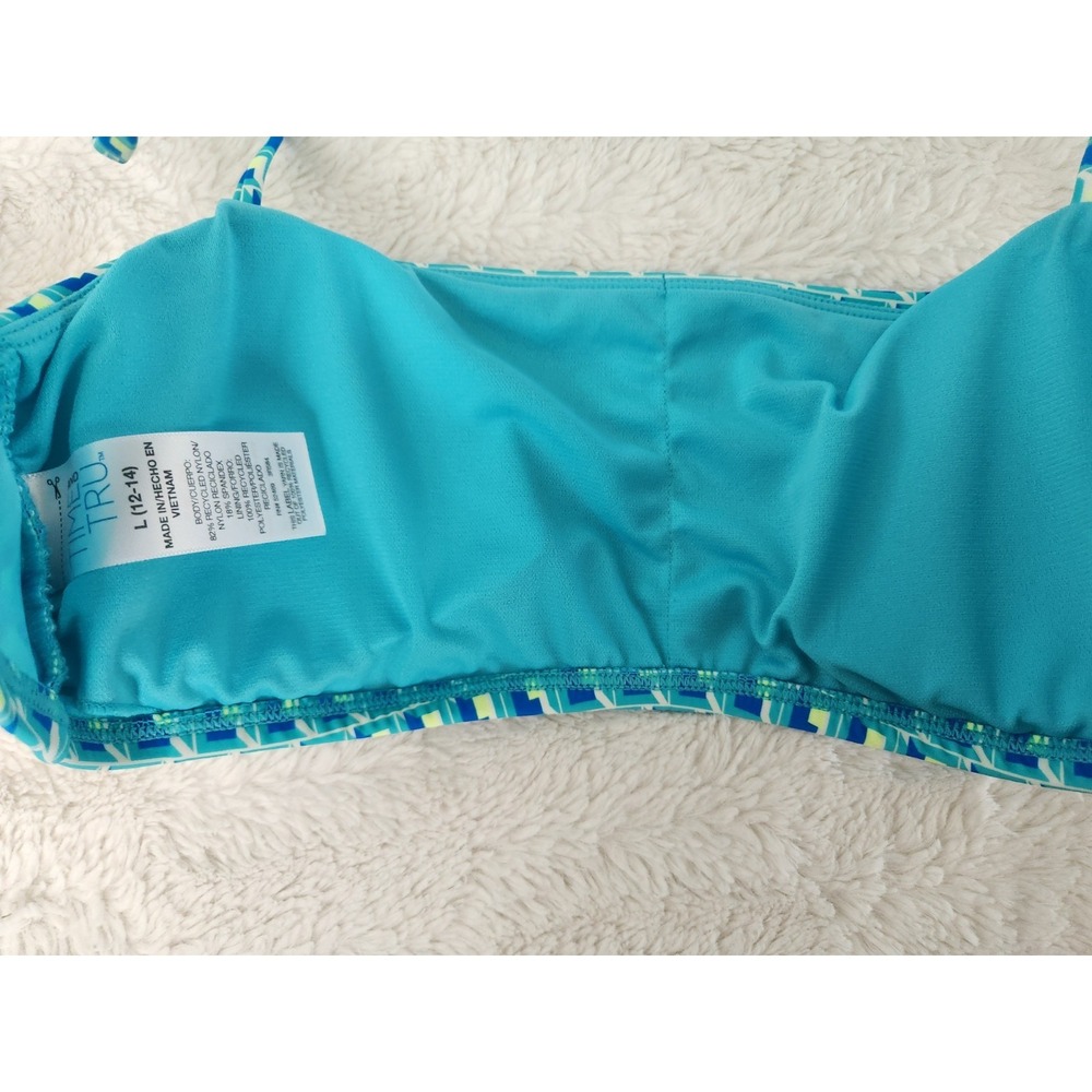 Time and Tru Bikini Swim Top L 12-14 NWT Blue Green Geometric Bandeau Swimwear - Picture 6 of 7